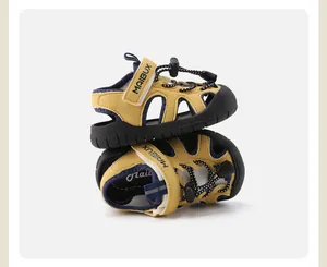Toddler outdoor beach sandals in yellow and navy blue with protective toe cap