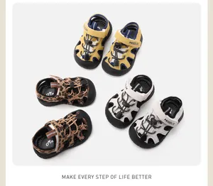 Detail showing three different color variants of breathable soft-sole toddler sandals for summer.