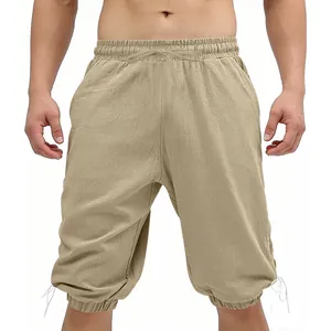 Men's Viking medieval retro drawstring shorts in beige linen-like fabric for summer wear
