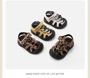 Multiple styles of baby summer beach sandals with soft soles and toe protection.