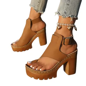 Sexy brown platform high heel sandals featuring block heel and toe-loop buckle strap