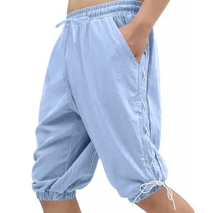 Detailed side view of light blue vintage Viking lace-up men's casual shorts with drawstring