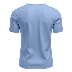 Vista posteriore dettagliata di una maglietta a maniche corte azzurra a scollo a V da uomo.