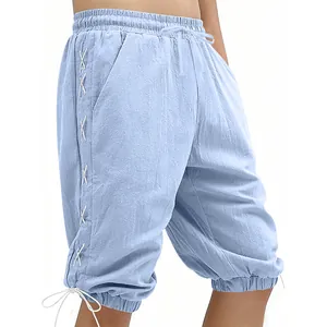 Detailed view of light blue medieval Viking style casual shorts with side lacing detail