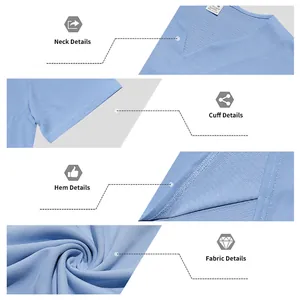Dettagli ravvicinati della maglia azzurra con scollo a V: colletto, polsino, orlo e tessuto