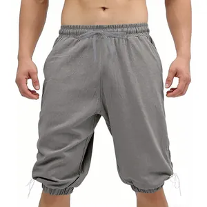 Detailed view of grey medieval Viking style casual shorts with drawstring