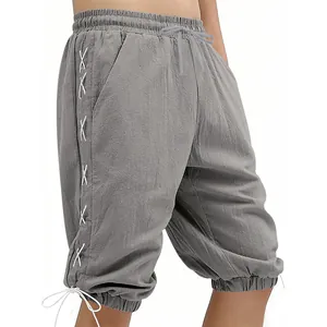 Detail view of grey medieval Viking retro lace-up shorts with side drawstring details