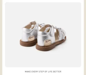 Detail view of silver toddler sandals featuring soft soles and delicate lace accents