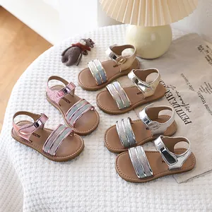 Girls Sandals Summer Metallic PU Rainbow Gradient Glitter Flat Roman Shoes Soft Sole Hook and Loop Toddler Walking Shoes