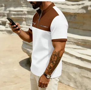 Men's fashion color-block waffle knit polo shirt with half-zipper and stand collar detail
