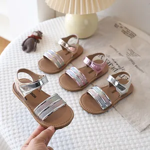 Toddler girls summer sandals with shiny metallic straps and colorful rainbow detail