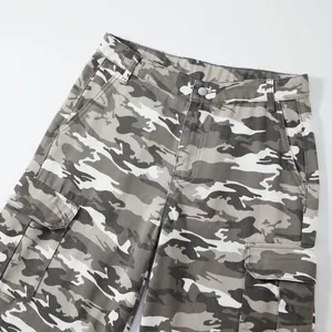 Detailed view of camouflage cargo shorts featuring waist button and side pockets