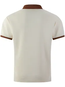 Detailed back view of men's waffle knit short sleeve shirt with contrast brown trim