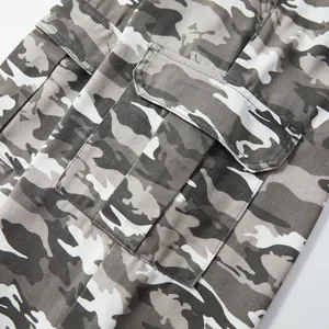 Detailed macro shot of a sturdy cargo pocket on grey camouflage men's casual shorts