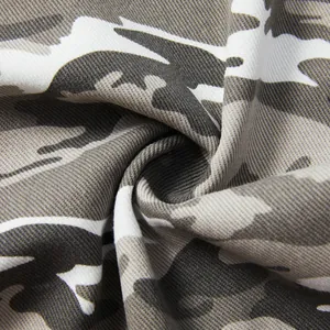 Macro detail shot showing the durable grey camouflage twill fabric texture of cargo shorts