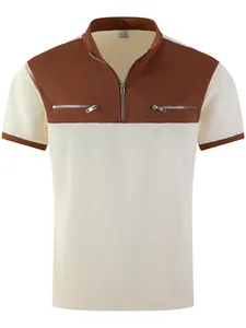 Close-up of men's waffle knit texture and half-zip collar design on color-block shirt