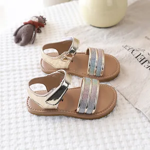 Stylish girls' summer sandals with rainbow glitter and metallic gold straps detail