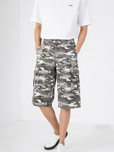 Men Casual Camouflage Cargo Shorts Cotton Blend Multi-Pocket Straight Fit Three-Quarter Pants Trendy Outdoor Streetwear Bottoms