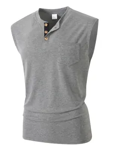 Débardeur Henley gris pour homme avec col contrasté et détail de poche poitrine