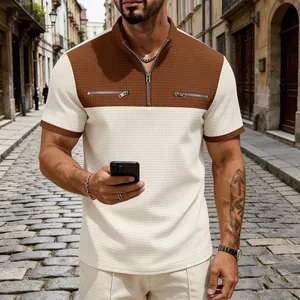 Men's stylish color-block waffle knit half-zip polo shirt with zipper pockets