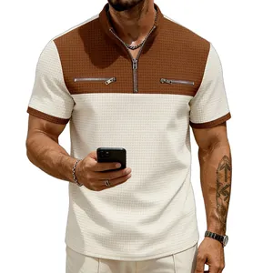 Men's waffle knit color-block polo shirt with half-zip stand collar and chest zippers
