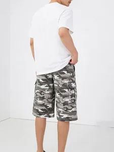 Men's camouflage cargo shorts in grey white camo pattern, rear view minimalist style.