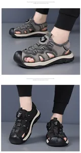 Vista detallada de sandalias deportivas de exterior para hombre con punta cerrada gris.