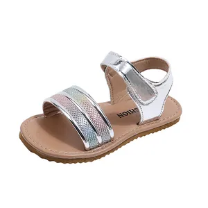 Toddler girls' silver rainbow glitter flat sandals with soft sole for summer