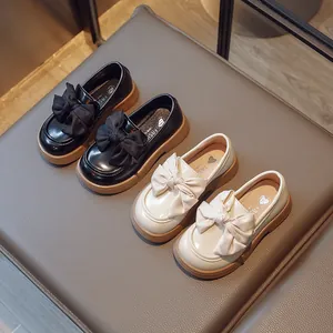 Mocassins à Nœud de Style Britannique pour Filles Talon Épais en Cuir PU Chaussures d'École Antidérapantes Semelle en Caoutchouc