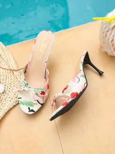 Elegant French style high-heeled mule sandals featuring cherry print and cute bow detail