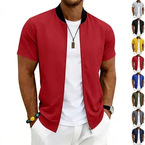 Multiple color options shown for the men's short sleeve stand collar baseball jacket