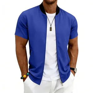Detailed view of a blue men's short sleeve bomber jacket with a front zipper closure