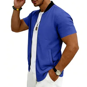 Detail shot of men's casual blue short sleeve bomber jacket with a metal zipper