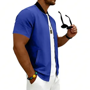 Detail side view of men's royal blue casual short sleeve bomber jacket with a full zipper closure