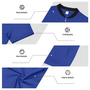 Detailed close-up views of blue short-sleeved flight bomber jacket with zipper and stand collar.