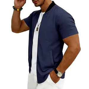 Side view of a navy blue men's short-sleeve bomber jacket with zipper and ribbed collar