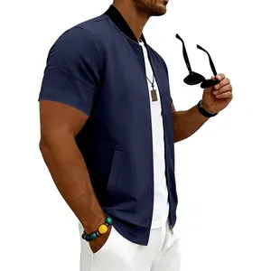 Detailed view of navy short-sleeved bomber jacket with zipper and ribbed collar