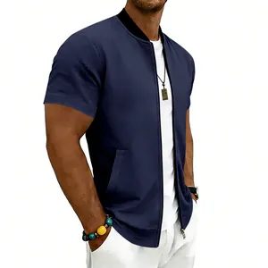 Close-up of navy blue men's summer short sleeve zipper jacket with stand collar