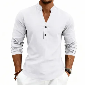Front view detail of a men's white linen Henley shirt with V-neck buttons