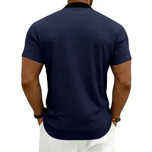 Back view of men's navy blue summer sport shirt with black stand-up collar detail