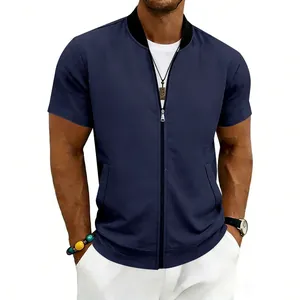 Close-up view of the stand collar and zip closure on the navy blue short sleeve jacket