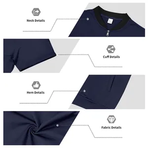 Detailed views of navy blue men's short sleeve baseball jacket collar and fabric texture.