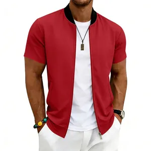 Detail of red men's short-sleeve bomber jacket with zipper and pockets