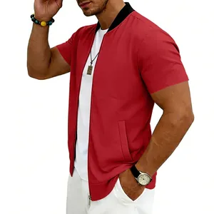 Side detail view of men's red short-sleeved bomber jacket with stand collar and front zipper.