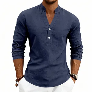 Casual men's breathable linen Henley shirt with long sleeves and stylish V-neck.