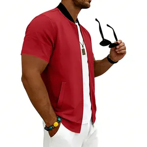 High-quality detailed side view of a vibrant red short sleeve bomber jacket for men