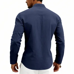 Back view of a breathable navy blue linen long sleeve Henley shirt for men.