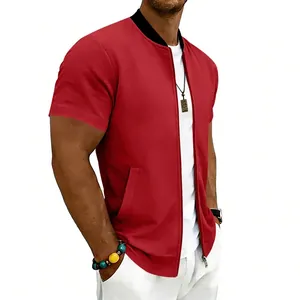 Close-up of a men's red short-sleeve baseball jacket with black collar and zipper