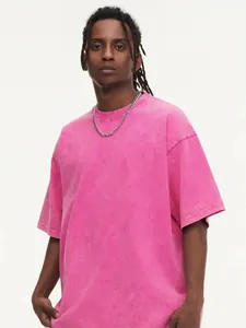 Men Heavyweight Cotton T-Shirt Acid Wash Snow Wash Distressed Oversized Drop Shoulder Casual Streetwear Tee Top