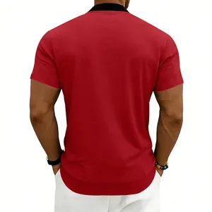 Back view of men's red baseball style short sleeve jacket with stand collar